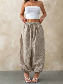 Women's Casual Beige Gingham Drawstring Elastic Balloon Harem Pants - Beige - View 1