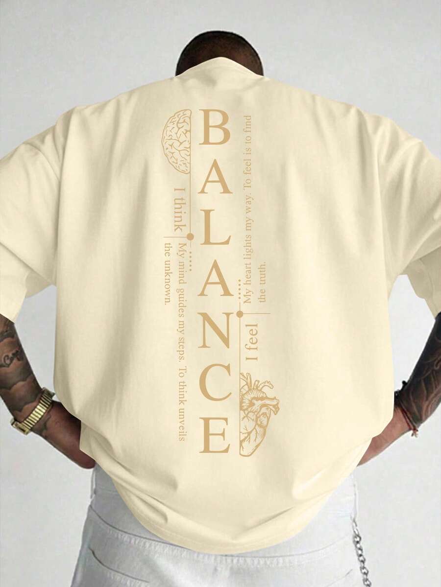 Plus Size Men's Letter Print Crew Neck Short Sleeve Casual T-Shirt - Khaki - View 1