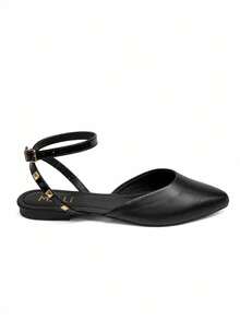 Women's Flat Shoes With Pointed Toe, Adjustable Ankle Strap, Spikes, Comfortable - Black - View 2