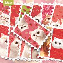 36pcs Red Series Fruit Cat Postage Stamp Stickers, Cute Design, Distinctive Cartoon Style, Creative, Suitable For Decorating Notebooks, Phone Cases, Envelopes And DIY Decoration - Multicolor - View 1