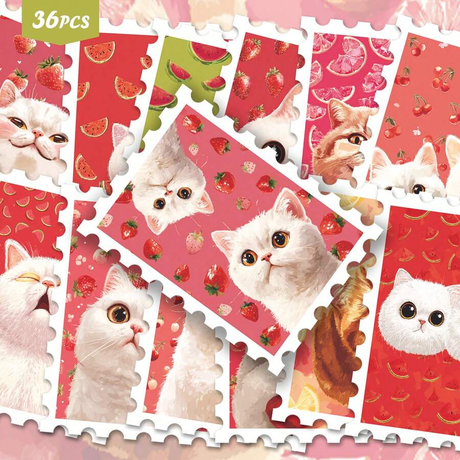 36pcs Red Series Fruit Cat Postage Stamp Stickers, Cute Design, Distinctive Cartoon Style, Creative, Suitable For Decorating Notebooks, Phone Cases, Envelopes And DIY Decoration - Multicolor - View 1