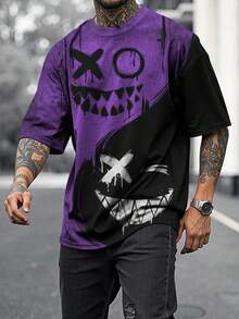 Herren Große Größen Yin Yang Gesicht Muster Lässig Kurzarm Rundhals Streetwear T-Shirt, geeignet für Alltag, Urlaub, Party, Gothic Stil - Violett - Übersicht 3