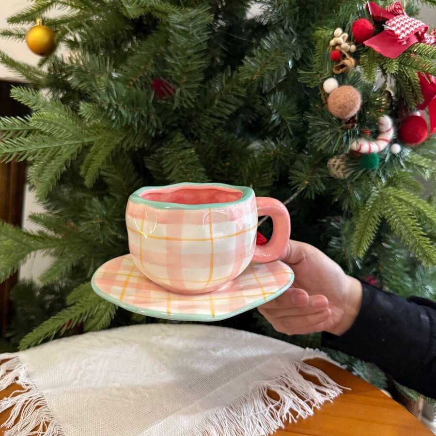 Ins European Minimalist Hand-Molded Asymmetrical Ceramic Mug, Handmade High Aesthetic Tea Cup And Coffee Cup & Saucer, Suitable For Home, Restaurant, Cafe - Multi-Purpose, Heat-Retaining, Perfect For Parties And Gifts - Pink Striped Cup and Saucer - View 1