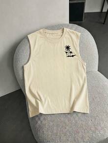 Plus Size YUNTUO Men's Summer Casual Sleeveless Round Neck Tank Top, California Coast Vacation Style, American Retro Casual, Coconut Tree & Crane Print, Minimalist, Versatile Texture, Suitable For Home, Work, Outdoor, City, Regular Fit, Streetwear, Youthful Campus Style - Khaki - View 4