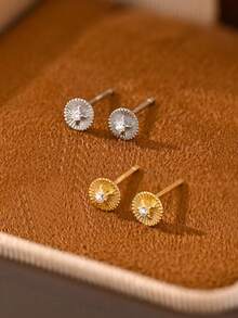 1 Pair Vintage S925 Sterling Silver Embossed Pleated Small Round Disc Stud Earrings, Women's Commute Daily Jewelry Accessory, Date Wedding Birthday Gift - Geometry - View 7