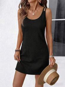 Vestido de tirantes corto de unicolor casual para mujer, de verano - Negro - Ver 1