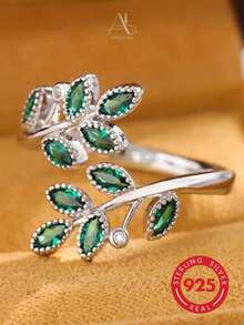 1pc Fresh Mori Style S925 Sterling Silver Marquise Green Zirconia Double Branch Intertwined Leaf Design Open Ring, Women's Workplace Commute Date Daily Gift Ring, Leaf Design With Natural Freshness, Green Zirconia Accents For Elegant And Delicate Look, Niche Artistic Souvenir - Silver - View 5