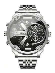 1pc Men's Multi-Time Zone Quartz Watch, All Black Large Dial Multi-Function Alloy Band Wristwatch, Street Style Cool Sports Watch, Versatile Gift, Watch Box Not Included - Silver - View 7