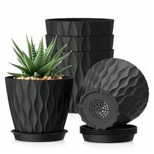 5er Set 15 cm Weiße Kunststoff Blumentöpfe mit Untersetzern und Abflusslöchern, 3D Wellenstruktur Übertöpfe für Sukkulenten, Kräuter, Efeutute, Fensterbank, Balkon, Büro und klare Home Garden Deko - 5 Stück, 10 cm Durchmesser - Übersicht 10