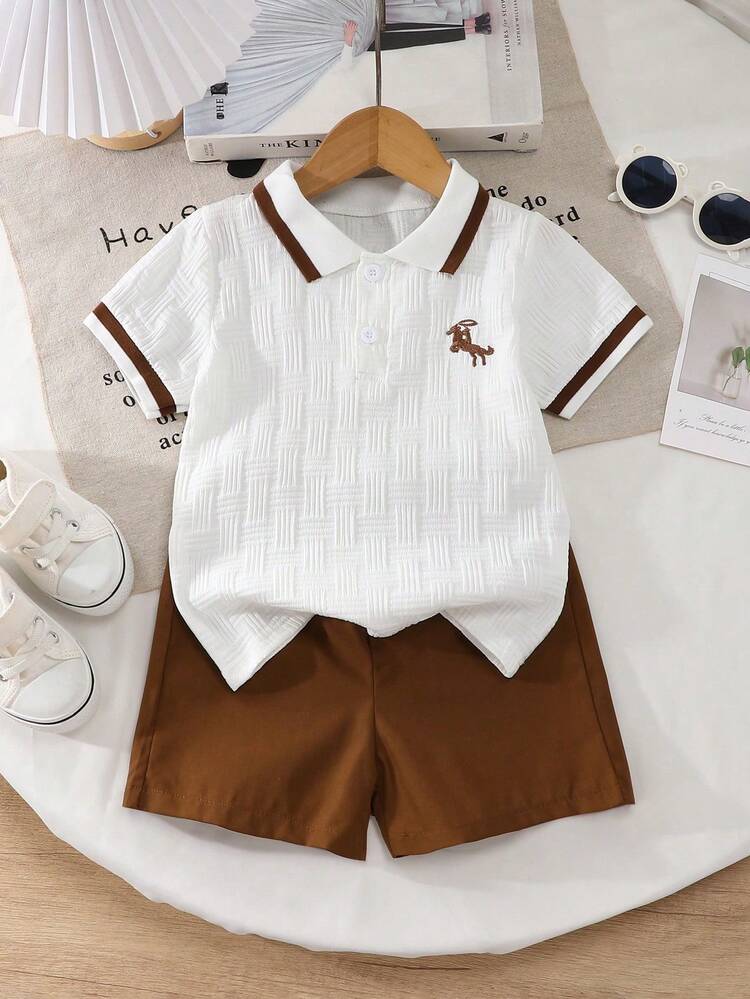 2pcs/Set Young BoyCute Little Horse Embroidery Polo Collar Short