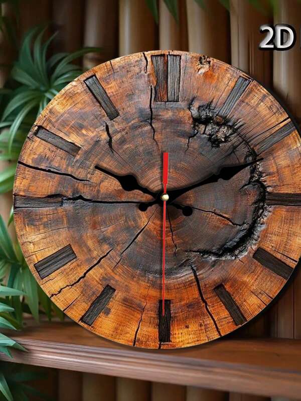 2D Flat Vintage Wooden Tree Ring Texture Round Wooden Wall Art, With Classic English Numbers, Very Suitable For Home Decor Vintage Style Wall Clock