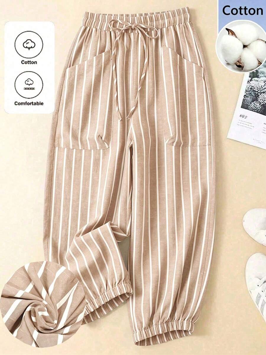 Pantalones casuales sencillos de bolsillo con lazo al frente de unicolor en talla grande, uso casual diario - Caqui - Ver 1