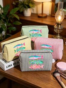 Seersucker Small Makeup Bag, Striped Embroidered Makeup Bag, Large Capacity Cosmetic Storage Bag, Travel Toiletry Bag, Perfect For Beach Trips, Swimming, Shopping And Daily Use, Suitable For Women, Travelers And Beach Lovers, Perfect For Spring Break, Easter, Mother's Day, Vacation And Gift Giving, Woven Material, Can Be Used As A Beach Bag, Shopping Bag And Travel Companion - Multicolor - View 1