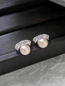 1 paire de boucles d'oreilles clous élégantes, exquises, petites et minimalistes, avec design en fausses perles et incrustation de strass en verre, douces et polyvalentes, convenant pour le trajet quotidien et le port décontracté des femmes - Argent - Voir 6