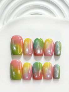 10件夏季手工穿戴式美甲，Polygel美甲套裝，彩色貓眼，粉色與黃色指甲油，極簡風格，含美甲工具，3種尺寸可選：方形、短方形、杏仁形，適合派對、跳舞、日常配戴 - 彩色 - 查看 4