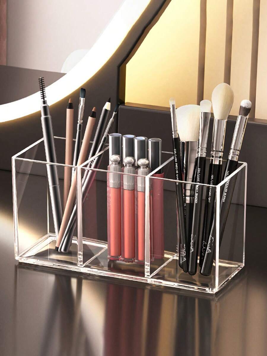 1pc Transparent Makeup Brush Storage Box, Desktop Vanity Cosmetic Organizer, Can Store Lipsticks, Eyebrow Pencils, Skincare Products, Etc. - Multicolor - View 1