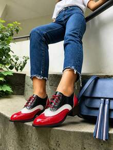 Women Oxfords Pumps Chunky Block Heels Mixed Color Lace Up Ladies' Business Loafers Fashion Comfy Casual Luxury Dress Shoes - 紅色 - 查看 4