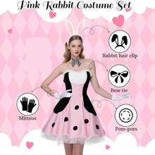 5-Piece White Rabbit Costume Accessory Set, Plush Rabbit Ear Headband, Black & White Plaid Bow Tie, Round Plush Tail + Long White Satin Gloves, Cute Animal Role Play Kit, Suitable For Halloween, Tea Party Theme And Fairy Tale Style Dress-Up Party - Multicolor - View 4