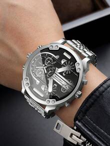 1pc Men's Multi-Time Zone Quartz Watch, All Black Large Dial Multi-Function Alloy Band Wristwatch, Street Style Cool Sports Watch, Versatile Gift, Watch Box Not Included - Silver - View 2