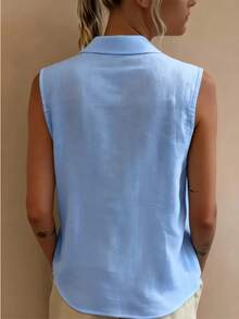 1件女款日常通勤極簡舒適透氣優雅休閒純色亞麻背心上衣，聚酯纖維前開鈕扣上衣，適合春夏單穿、秋季疊穿，居家、旅行、度假、辦公穿著 - 碧水藍 - 查看 2