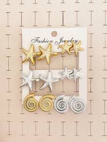 1/6 Pairs Gold & Silver Starfish Shell Earring Set Beach Holiday - Multicolor - View 6