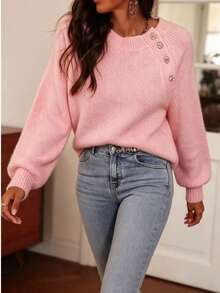 Light Luxury Soft Pink Knitted Sweater, Asymmetric Rhinestone Button Design, Round Neck Loose Pullover Top, European And American Influencer Style, Back To School And Commuting Blouse - Pink - View 5