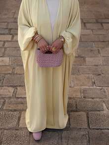 Middle Eastern Elegant Women's Long Robe Soft Satin Luster Yellow Abaya Arabic Cloak Fall - Yellow - View 2