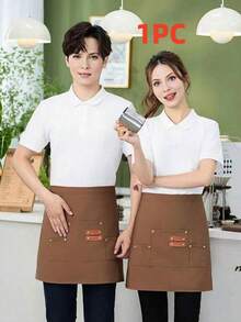 [Canvas Apron] 1pc Extended Waistband Reinforced Seams Kitchen Canvas Apron | Women's Restaurant Waitress Half Apron - Multicolor - View 10