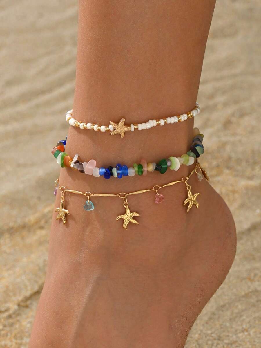 3件組海灘度假風腳鍊套組,海星水鑽白色米珠與彩色原石女飾,適合夏季海灘度假穿著,米珠與原石形狀、尺寸、數量、顏色配置隨機不固定 - 彩色 - 查看 1