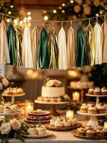 1pc Sage Green & Gold Tassel Garland Tulle Tassel Banner Set, Teal Tassel Garland, Teal & Gold Birthday Party Decor, Suitable For Wedding And Party Birthday Supplies - K - View 2