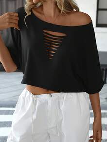 Camiseta de Manga Corta para Mujer, Estilo Casual con Dobladillo Enrollado, Manga Murciélago y Corte Holgado, Cómoda y Desgastada - Negro - Ver 4