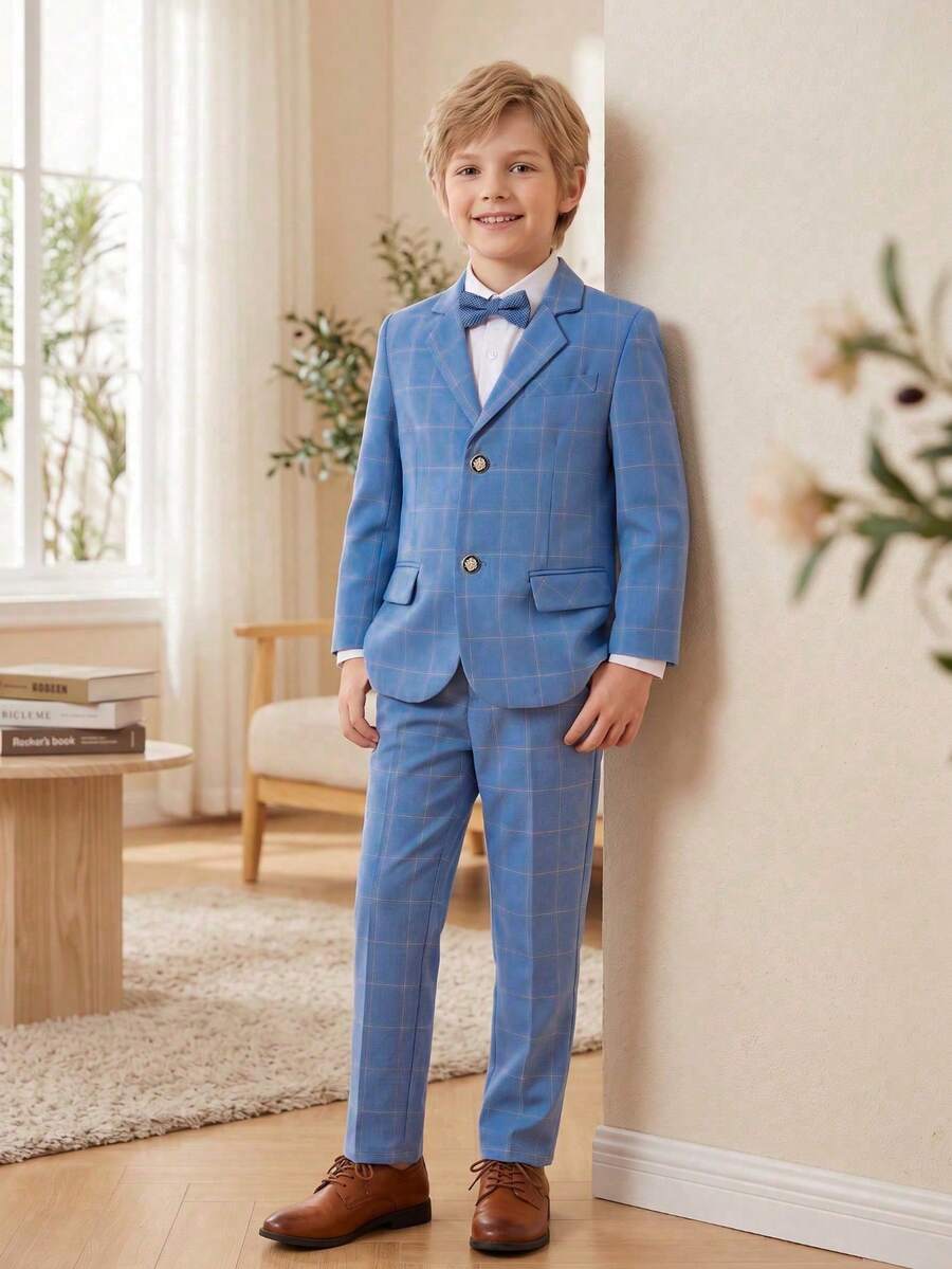 青少年男孩淺藍色格紋兩件式西裝套裝,翻領西裝外套搭配西裝長褲,適合婚禮、生日、畢業典禮、選美比賽、派對及其他正式場合,10-16歲 - 淺藍色 - 查看 1