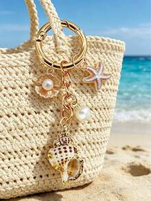 不對稱貝殼、海星、海螺與海星包飾，珍珠裝飾，錢包吊飾裝飾，伴娘禮物，夏季配件，海灘度假吊飾裝飾，海洋海星貝殼鑰匙圈，精緻細節，適合女性度假與日常使用，時尚人士更受歡迎的夏季海灘配件，郵輪必備，夏季假期禮物，畢業季，返校，開學季禮物 - 彩色 - 查看 2