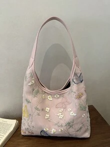 女款休閒大容量新中式刺繡包 2026新款通勤單肩包 隨性托特水桶包 - 粉色 - 查看 6