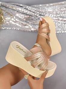 Plus Size High Heel Sandals Slip-On Thin Strap Wedge Heel Rhinestone Fashion Versatile Thick Sole Sandals - Rose Gold - View 9