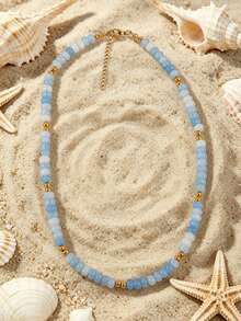 1pc European And American Bohemian Round Geometric Natural Stone Cracked Effect Beaded Short Necklace With Stainless Steel Accessories For Summer Beach Vacation - Stone Bead Stainless Steel Necklace - View 15