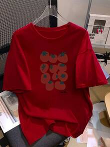 Camiseta de manga corta con estampado de tomates pequeños, estilo casual – Tejido, perfecta para el verano, moda femenina cómoda – Suave y transpirable, atuendo informal. - Rojo - Ver 1