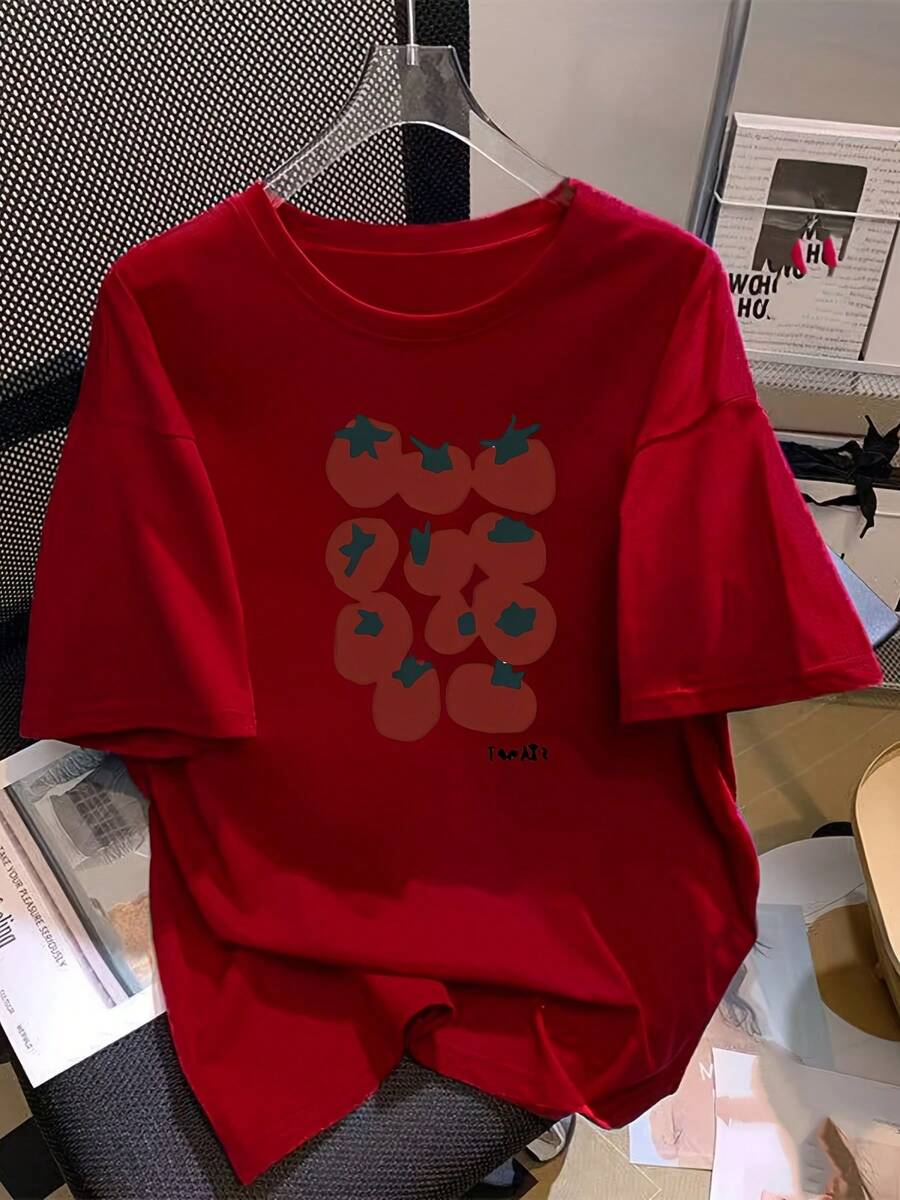 Camiseta de manga corta con estampado de tomates pequeños, estilo casual – Tejido, perfecta para el verano, moda femenina cómoda – Suave y transpirable, atuendo informal. - Rojo - Ver 1