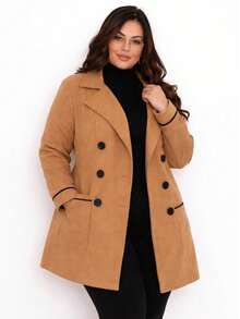 Women's Plus Size Lapel Double-Breasted Long Sleeve Long Coat, Perfect Choice For Autumn/Winter - Khaki - View 5