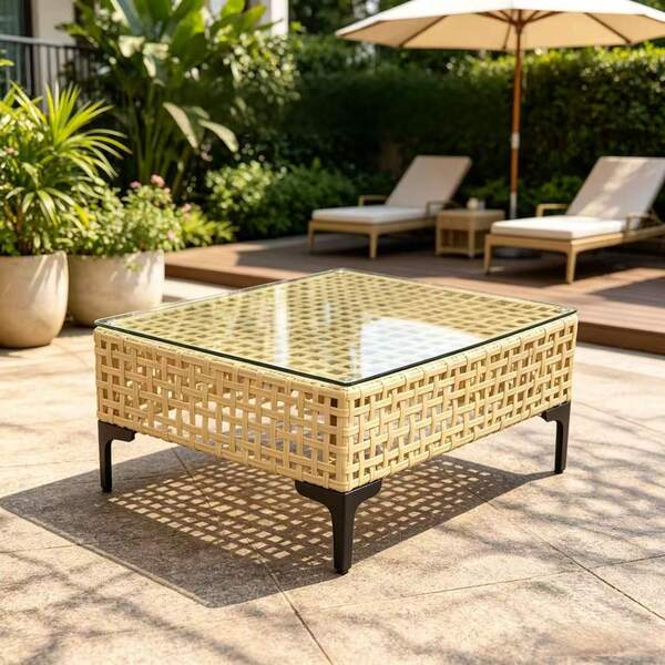 Outdoor Patio Coffee Table With Tempered Glass Top, Handwoven PE Rattan Table With Metal Frame, All-Weather Coffee Table For Balcony, Backyard & Garden