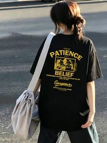 女款時尚寬鬆休閒圓領字母印花短袖T恤，夏季百搭黑色 - 黑色 - 查看 4
