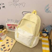 Mochila de patchwork a cuadros & lunares, mochila escolar de cordón estilo femenino para estudiantes, mochila ligera estilo academia japonesa - Multicolor - Ver 13