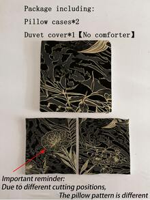 3件組黑金豹紋被套組（1*被套 + 2*枕套，不含芯），奢華線條藝術木槿百合床品組，黑色豹紋上優雅金線勾勒花卉，四季適用臥室裝飾床品，適用於居家與飯店 - 彩色 - 查看 2