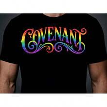Camiseta Rainbow Covenant, Camiseta con Arte de Letras Ornamentadas, Diseño Gráfico Estilo Vintage - Negro - Ver 1