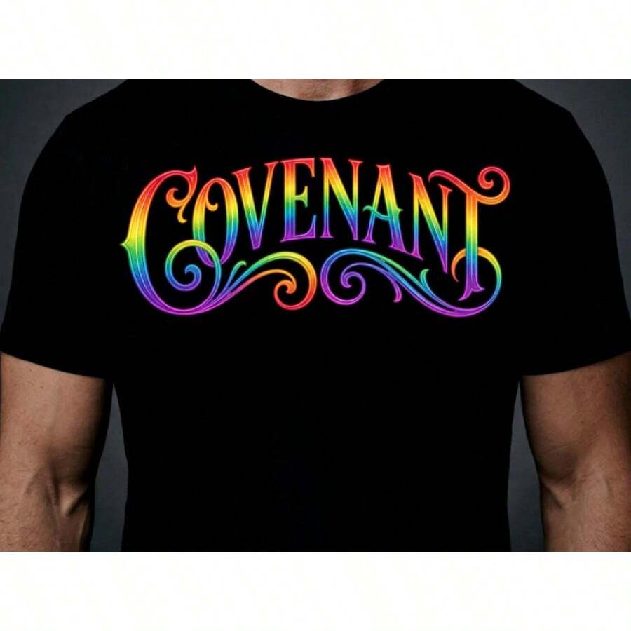 Camiseta Rainbow Covenant, Camiseta con Arte de Letras Ornamentadas, Diseño Gráfico Estilo Vintage - Negro - Ver 1