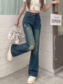 Women's Solid Color Mid-Waist Straight Leg Loose Ripped Casual Jeans - Blue - View 4