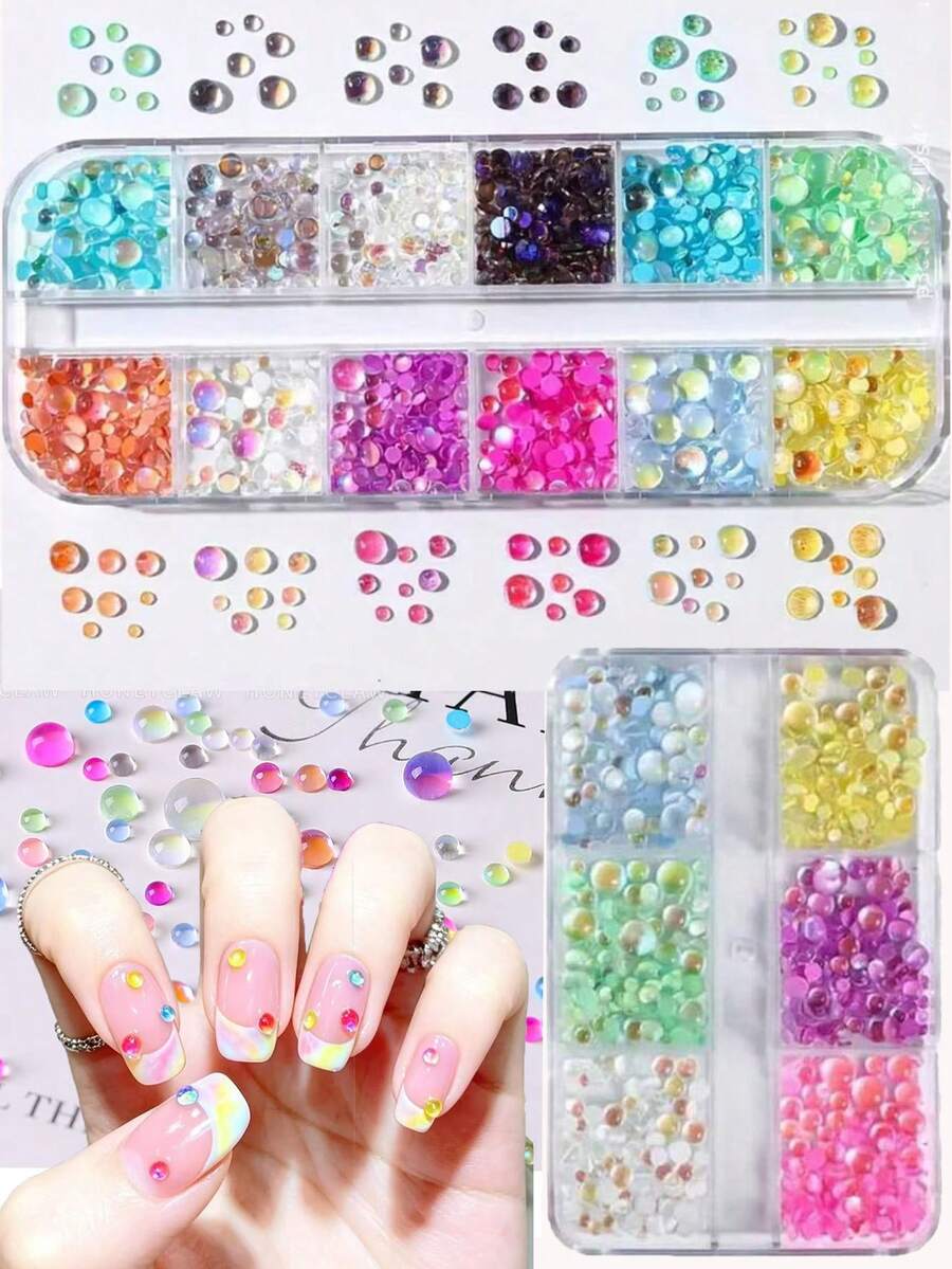 Contas de Bolha de Sereia Multicoloridas, Grade 6/12, Pérola Plana Cor Macaron, Pérolas Decorativas Iridescentes para Unhas, Suprimentos de Arte de Unhas Sem Perfume, Joias de Unhas, Gemas de Unhas, Encantos de Unhas - Multicolorido - Visão 1