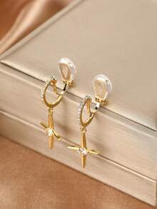1 Pair Fashionable New Zirconia Circle Cross Pendant Copper Clip-On Earrings For Women Without Pierced Ears, High-End Elegant Ear Jewelry Suitable For Daily Wear And Holiday Gifts - Ear Clip - View 6