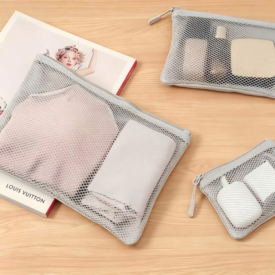 1pc Black, Pink, Grey Double Zipper Compartment Storage Bag, Portable Travel Mesh Clothing Organizer Pouch, Breathable Mesh Key Coin Purse,An Excellent Choice For Gifts During Festivals And Parties,Essential School Supplies