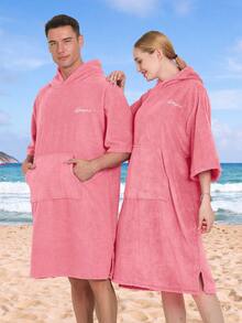 1pc Thickened Microfiber Warm Absorbent Soft Solid Color Embroidered Home Swimming Fitness Travel Beach Surfing Cape Cloak Bathrobe - Pink - View 2